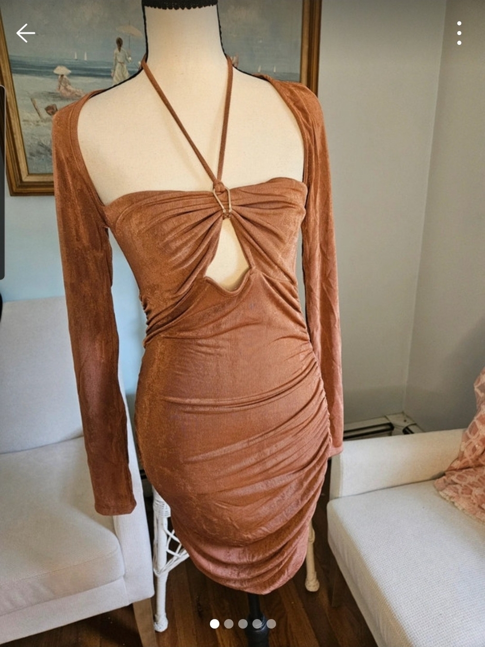 Ruched Long-Sleeve Halter Ring Cutout Dress in Rust Brown